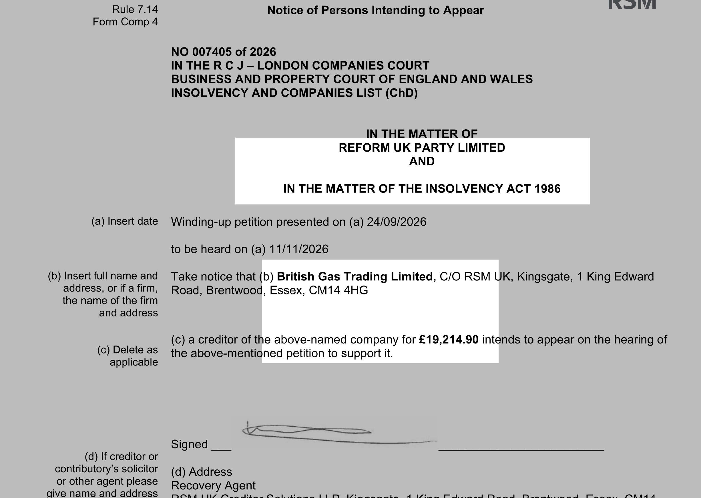 Reform UK, Nigel Farage, British Gas, CR-2026-007405, insolvency, unpaid bills, defectors